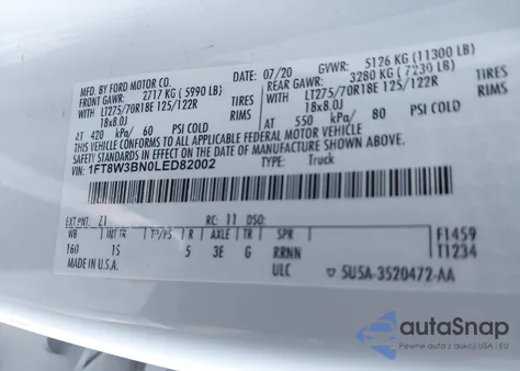 2020 Ford F-350 Xl из США, поврежденный, VIN 1FT8W3BN0LED82002